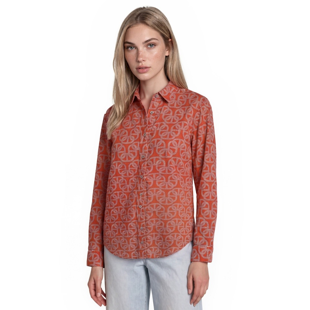 Tizzie Button Up Shirt Blouse Top Women's Size Small Orange Geometric Stretch